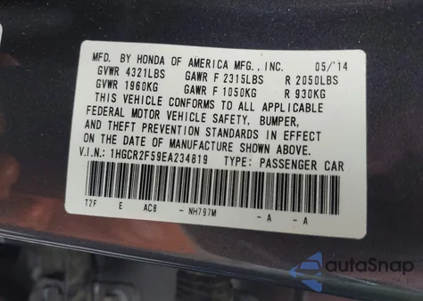 2014 Honda Accord Sport from USA, damaged, VIN 1HGCR2F59EA234819